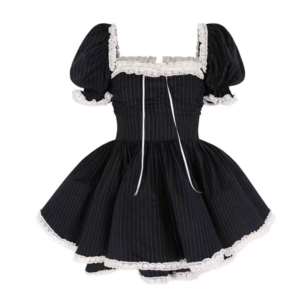 Selkie The Pinstripe Bonny Mini Dress Large Black White Lace Holiday - Picture 3 of 16